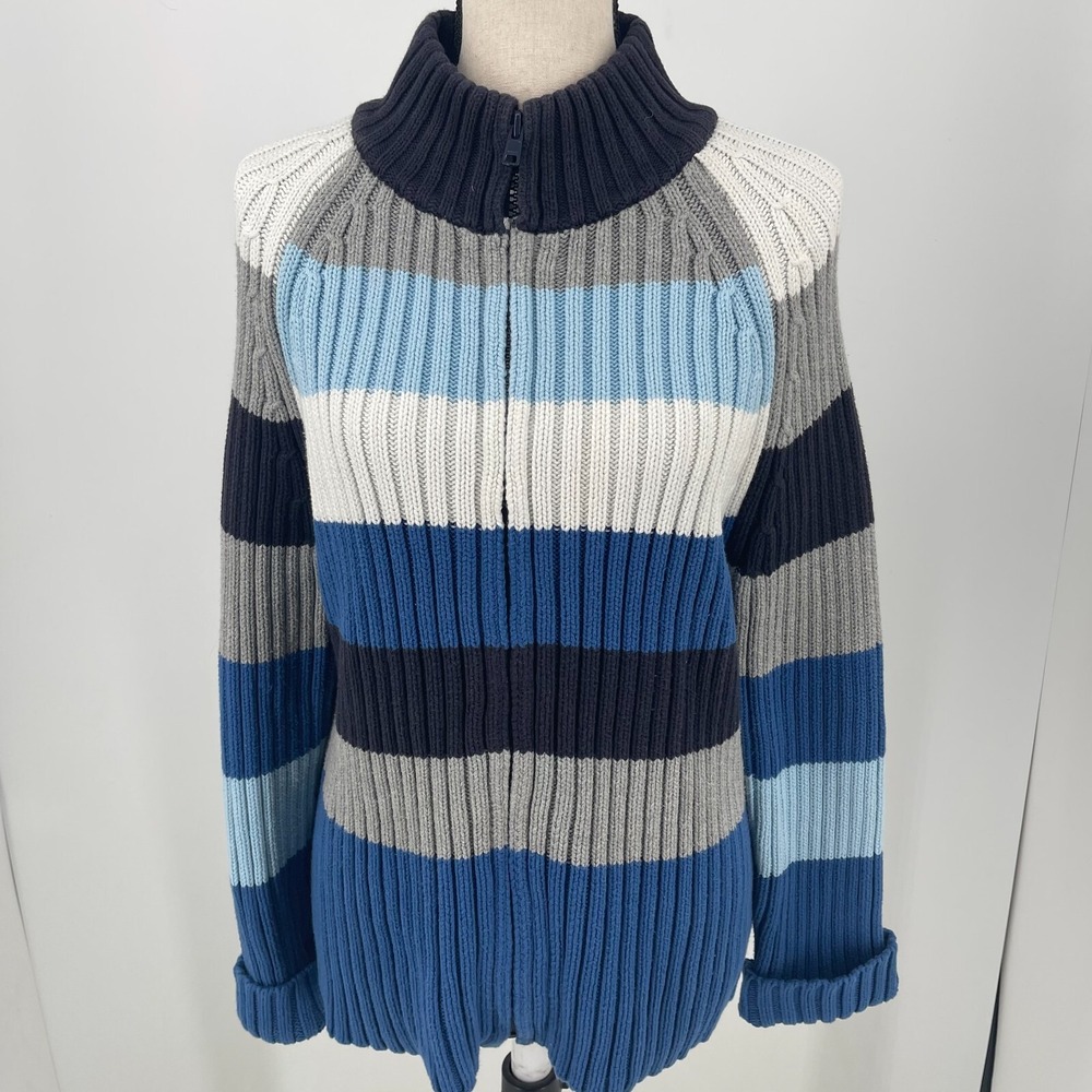 Tommy Hilfiger WOMENS Blue White‎ Gray Colorblock Full Zip Sweater SIZE MEDIUM